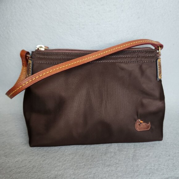 Dooney & Bourke Mini Bag Brown Nylon Leather Strap Handbag Pink Lining - Picture 1 of 10